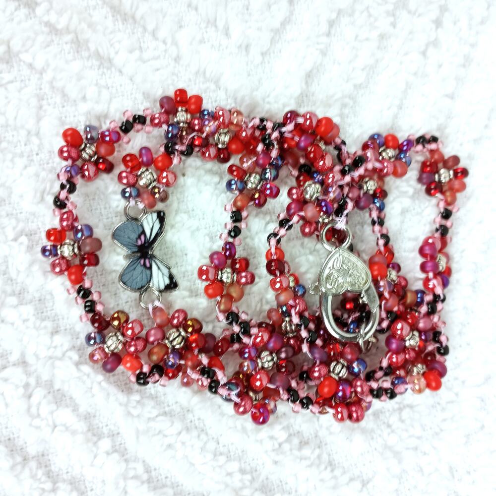 HANDMADE ~ Red Daisies & Butterfly 4 Wrap Bracelet - Picture 4 of 4
